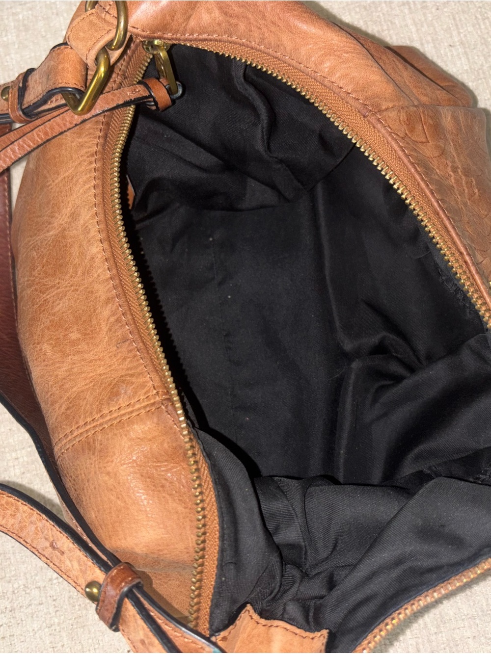 Elliott Lucca Cognac Floral Embossed Hobo Leather Shoulder Bag Purse Brown Boho - Picture 11 of 15